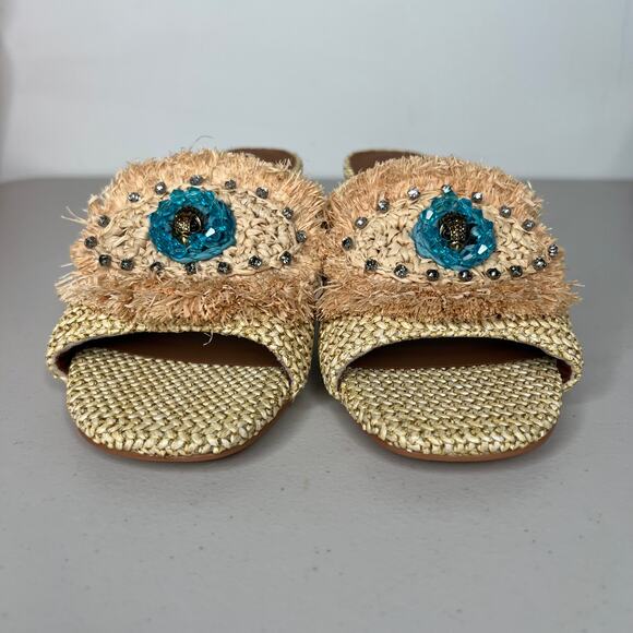 Kurt Geiger Heel Evil Eye Raffia Block Heel Slide Sandals Size 37/US 7 - Picture 6 of 9